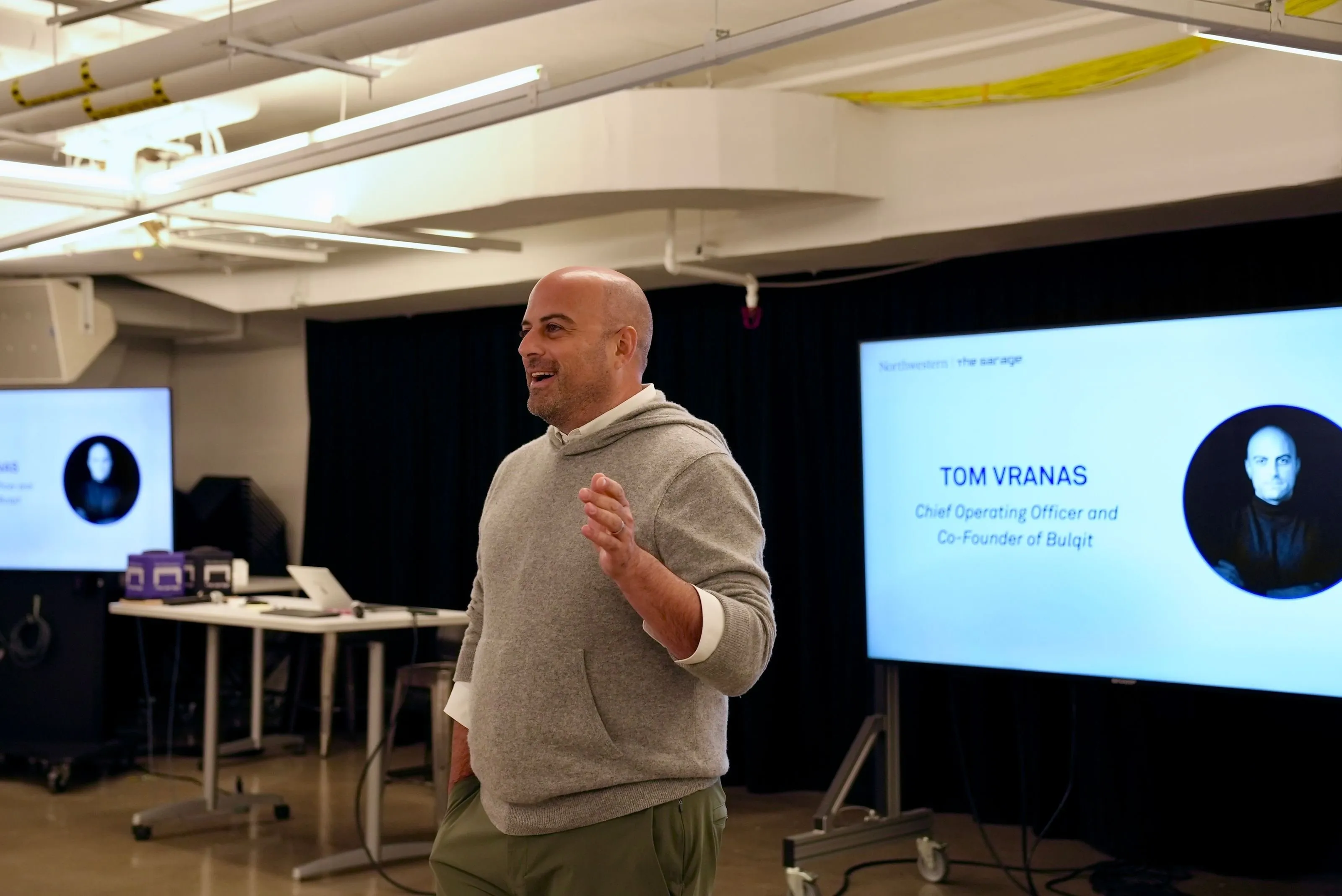 Tom Vranas speaking at Northwestern's The Garage